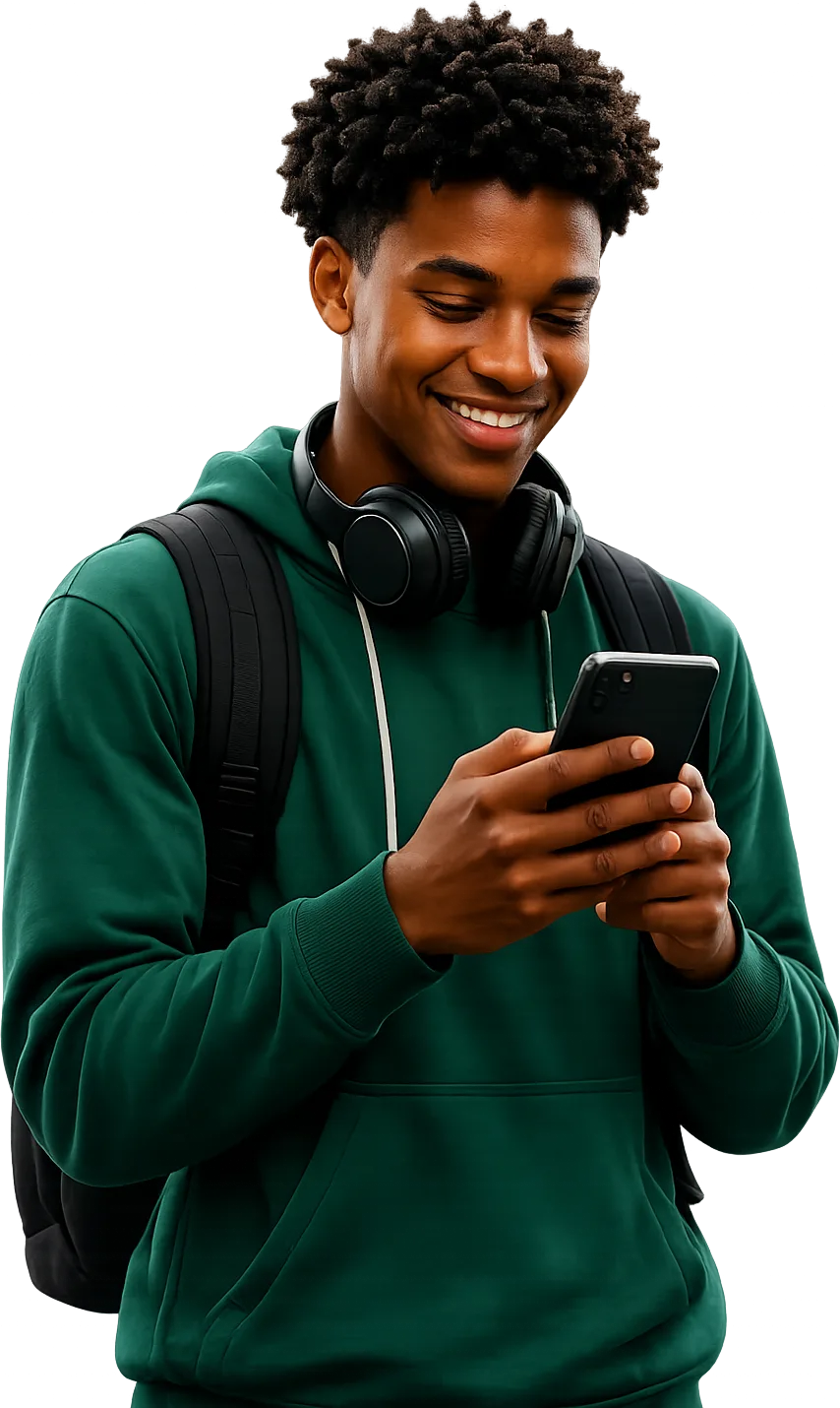 Estudante sorrindo a usar o telemóvel